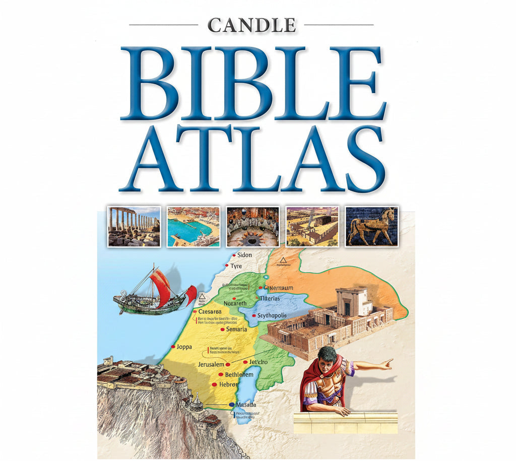 Book cover of 'Bible Atlas' with map and illustrations on a white background