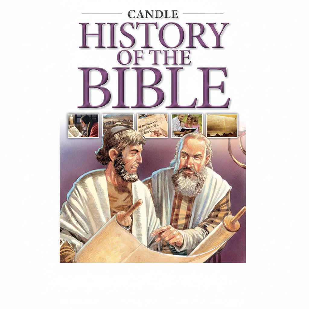 Book cover of 'History of the Bible' with illustrations of two men and text.