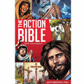 The Action Bible: New Testament comic-style book cover featuring illustrated scenes of biblical figures and events, including Jesus, a boat, and crosses, with large white title text on a red background.