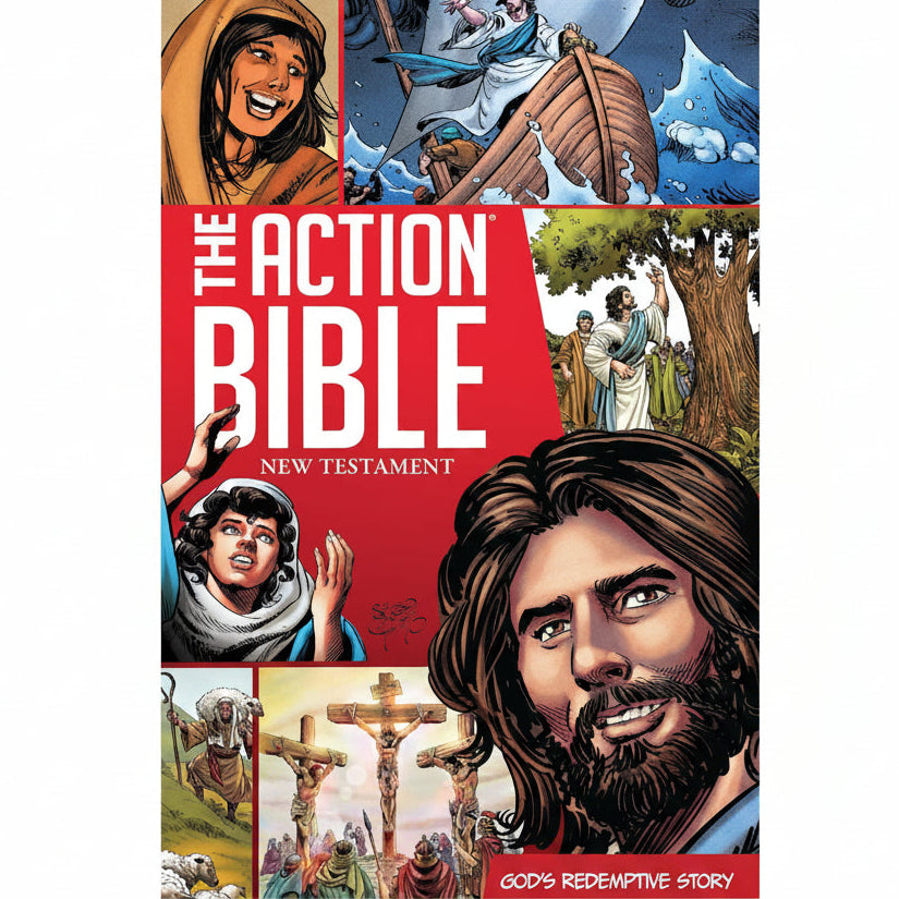 The Action Bible: New Testament comic-style book cover featuring illustrated scenes of biblical figures and events, including Jesus, a boat, and crosses, with large white title text on a red background.