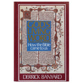 The front cover of the book 'God's Living Word: How the Bible came to Us' by Derrick Banyard. The cover features a deep red spine and border, with a central design made from columns of biblical text in beige, a large blue rectangle with gold lettering, and ornate red floral illustrations.
