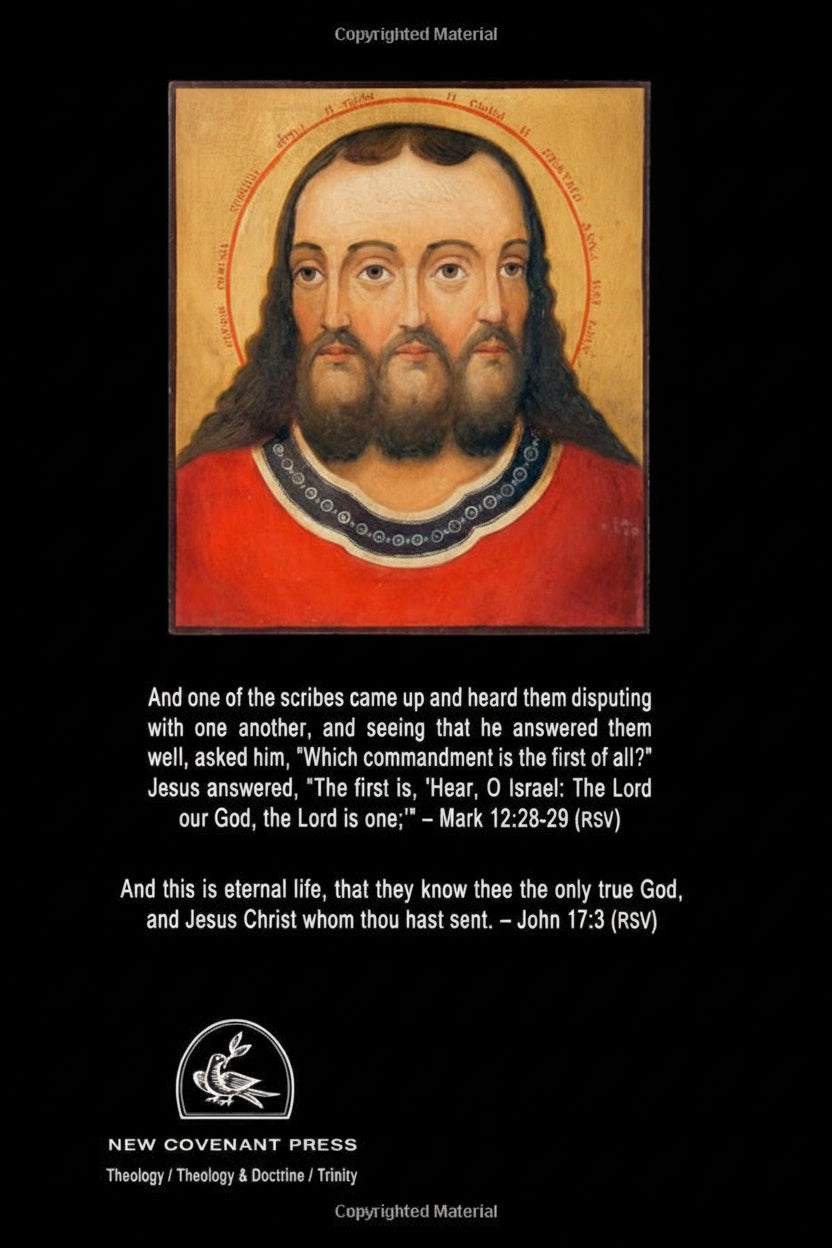 Back cover of a book titled 'Jesus Christ: The First and the Last' by New Covenant Press, featuring a central icon-style portrait of Jesus with a red robe on a black background, with printed text and a barcode below.